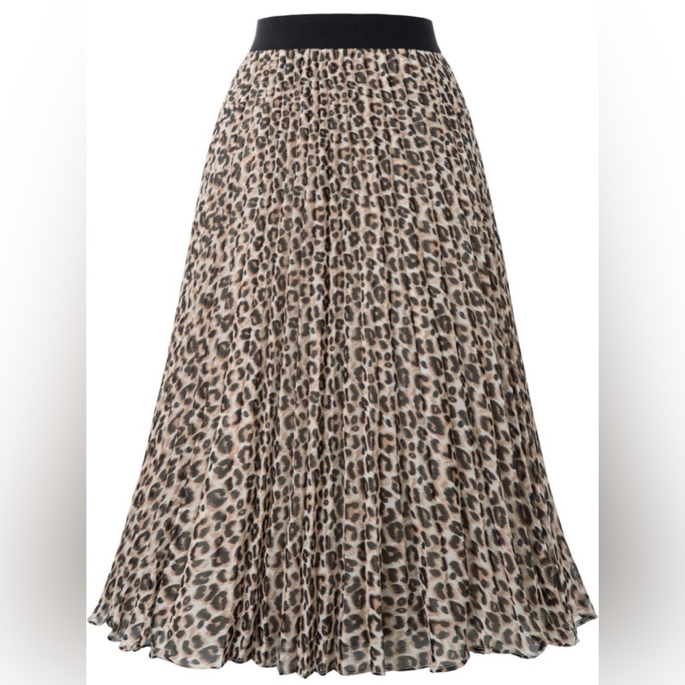 Casual Pleated Midi Skirt for T-Shirt Top Brown Leopard Size XL
